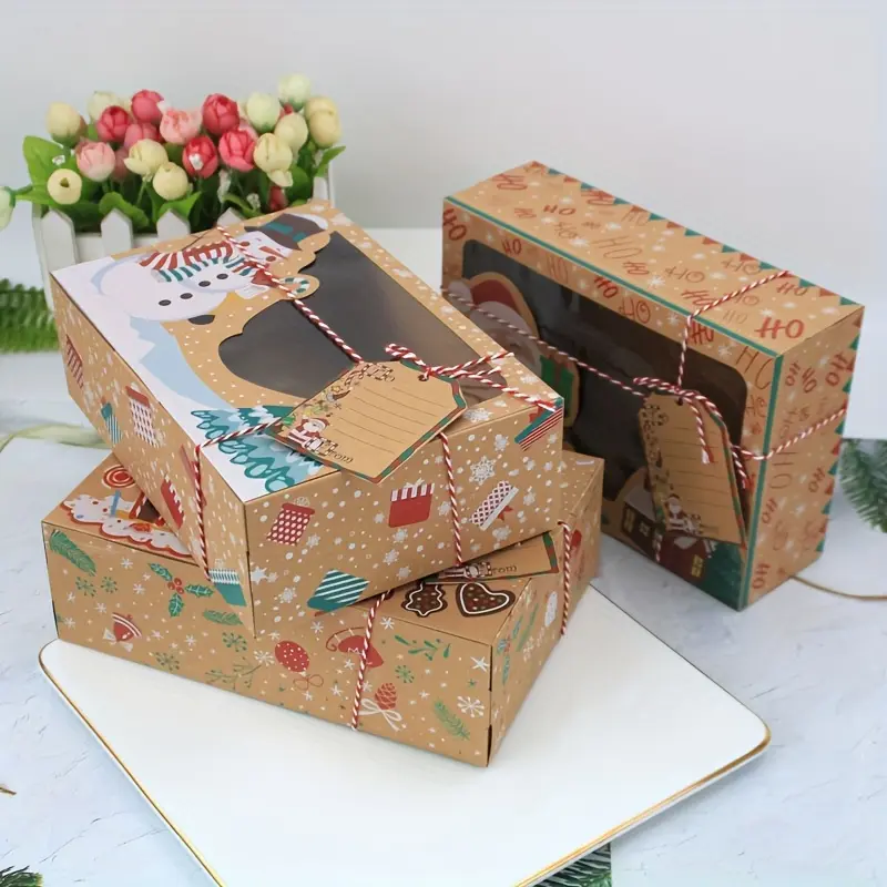 6/12 Pack Christmas Cookie Boxes with Clear Window, 8.7" Large Kraft Paper Bakery Treat Gift Boxes with Tags & Twine for Holiday Gingerbread