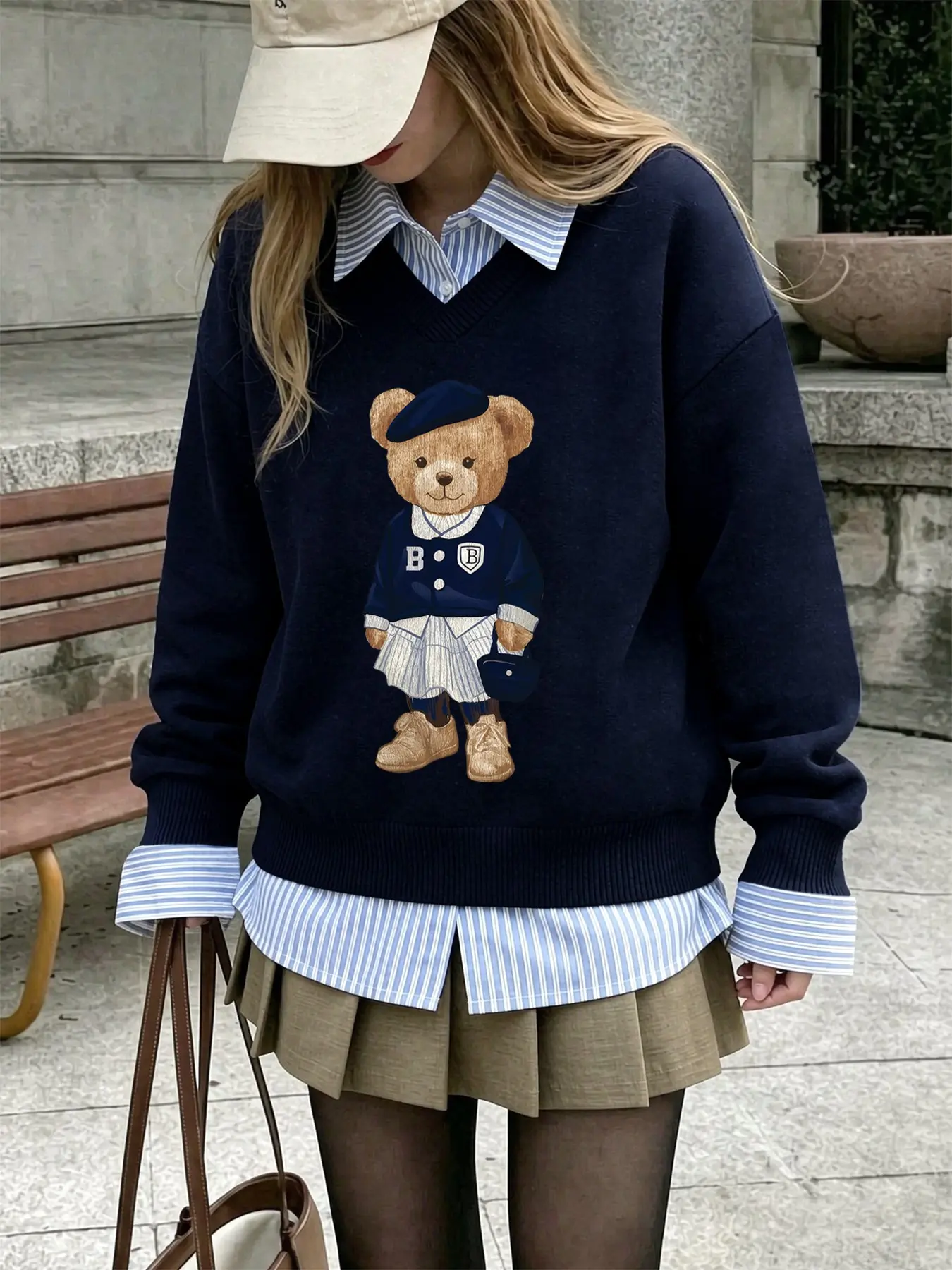 Women's Collared Mock Two-Piece Long Sleeve Sweatshirt Tops With Cute Beret Cartoon Bear Print, Loose Drop Shoulder Fit, Korean Preppy Style. Perfect For Fall Daily Wear, Campus Outfits, Commuting, Shopping And Photoshoots