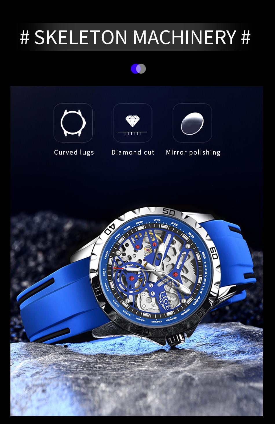 Lige Men's Mechanical Watch, 43mm stainless steel case, 30-meter water resistance, luminous at night, Skeleton Machinery design.
