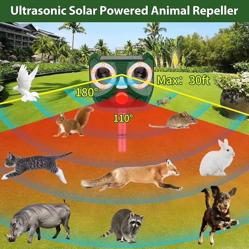 Solar-Powered Ultrasonic Animal Repeller, Rechargeable Motion Activated Outdoor Bird Deterrent, Protects From Deer Squirrels Cats Raccoons Birds