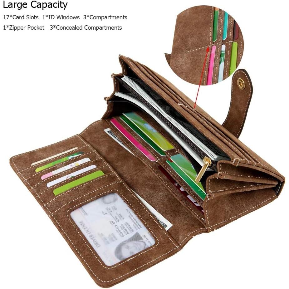 Women's Vegan Leather 17 Card Slots Card Holder Long Big Bifold Wallet