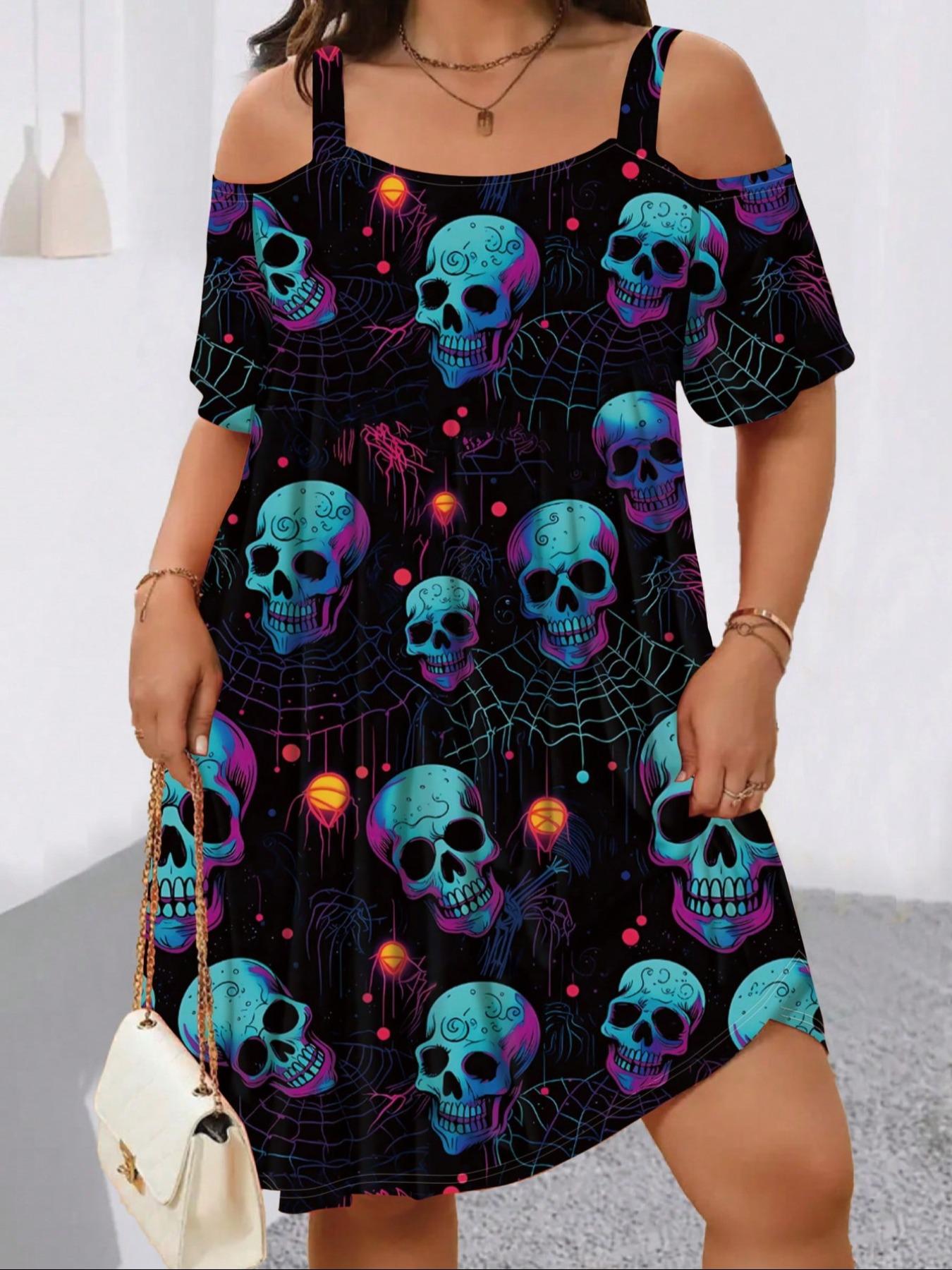 Summer Women's Short Sleeve Hollow Out Spaghetti Strap Fashion Elegant Fitted Halloween Skull Print Dress, Lady, Casual Cut Out, Comfortable Fit, Stylish and Trendy, Perfect for Casual Wear, Womenswear
