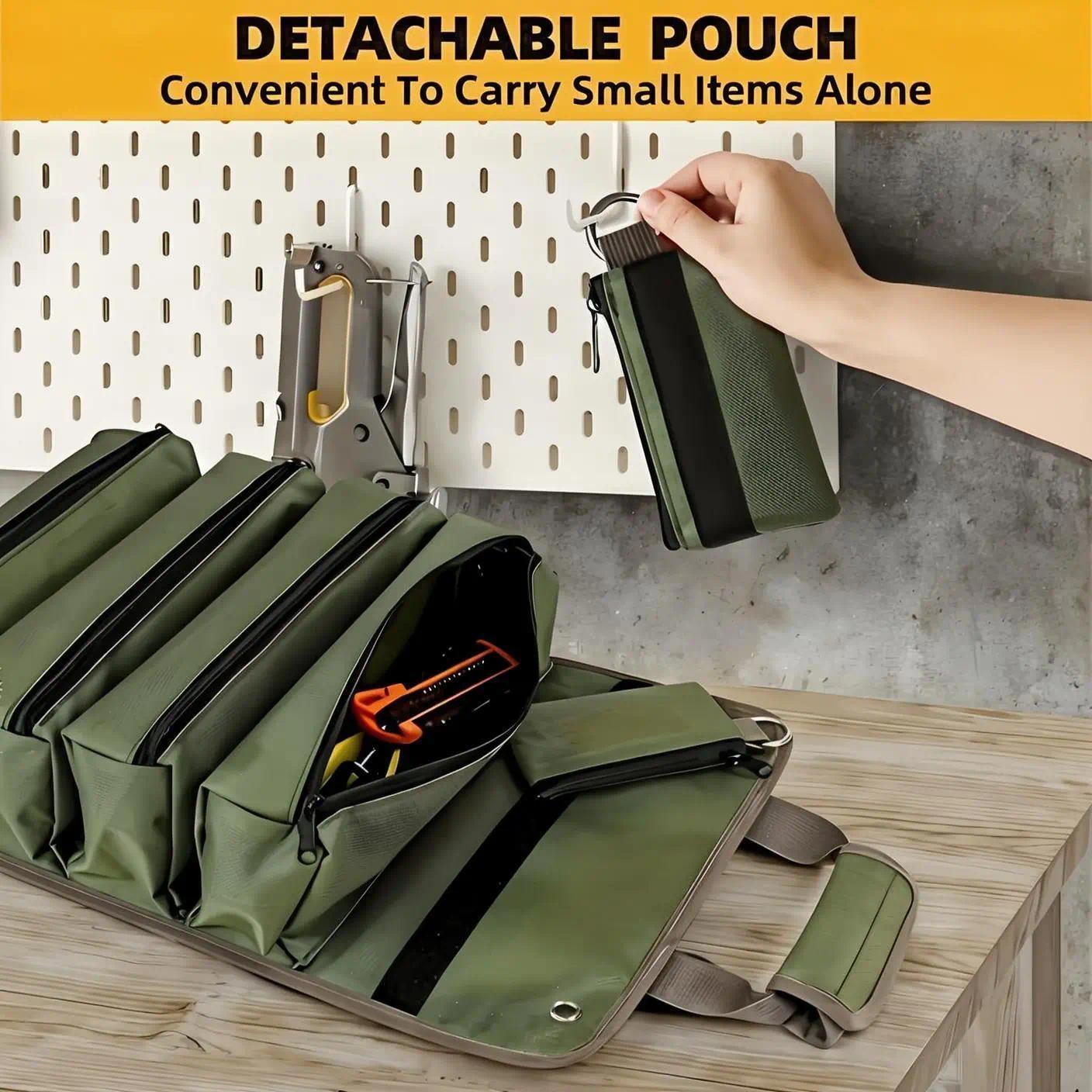 Heavy-duty waterproof tool organizer with 6 pockets.Removable and adjustable, suitable for electrician's, carpenter's and construction worker's tool belts.Portable and practical storage tool kit.Roll-up tool bag.  Tool Roll with Carrying Handle versatile