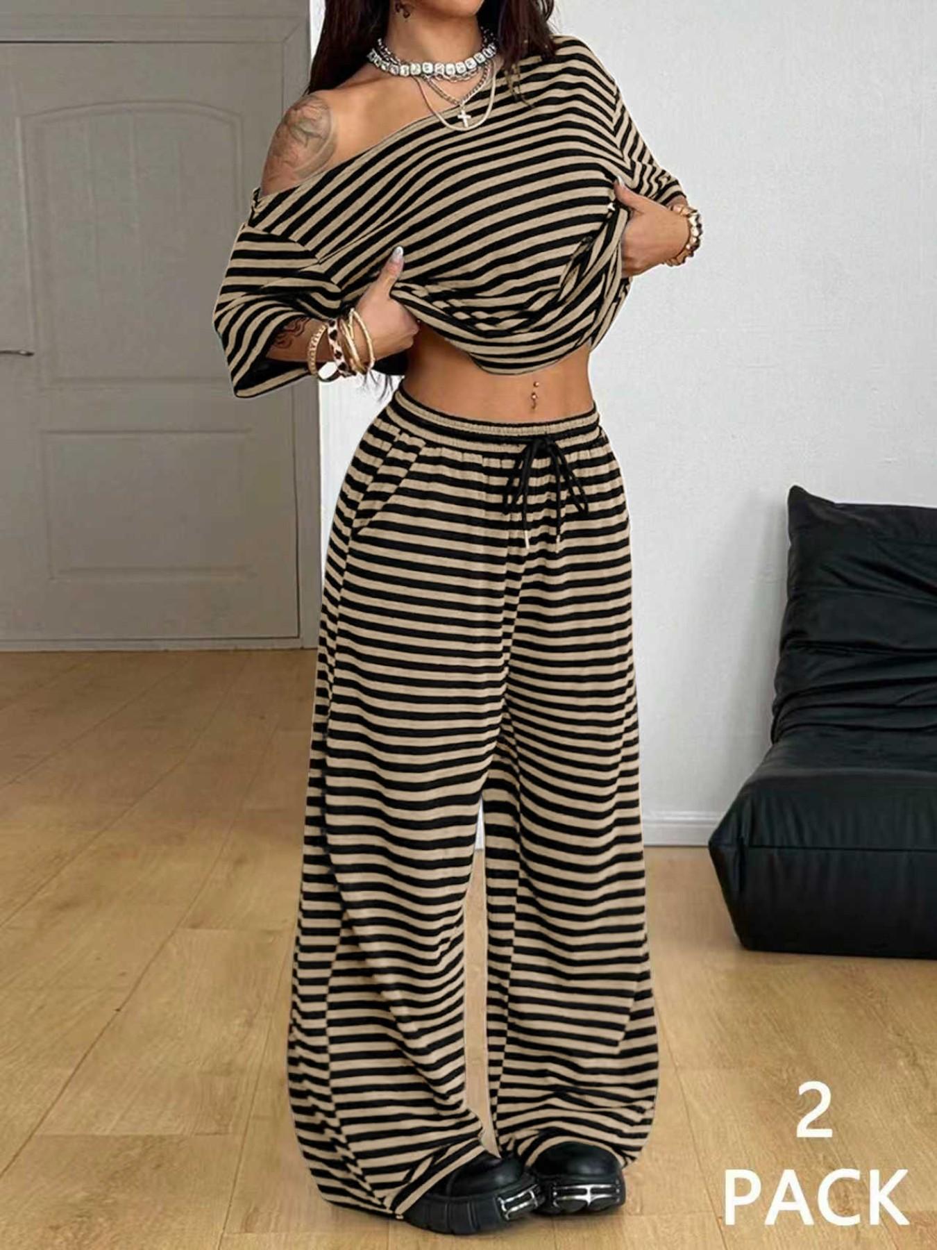 Women's Casual Streetwear Two-Piece Set, Comfortable Shoulder-Exposed Top & Wide-Leg Pants, Daily Wear Sportswear
