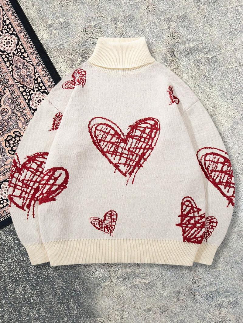 Men's New Casual Loose Fit High Neck Knit Sweater, Loose Casual Pullover, Full Heart Print, Vintage Versatile Commuter Long Sleeve Top, Valentine's Day Gift