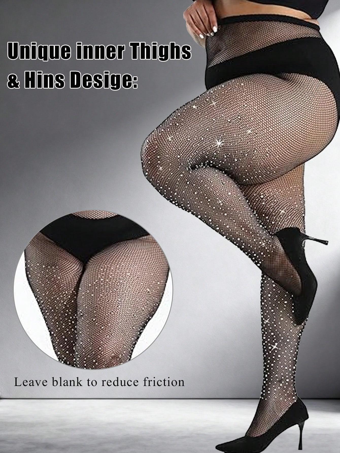 2pcs Plus Size Women's Rhinestone Embellished Fishnet Tights, Stretchy Skinny Mesh Stockings, Goth Style, All Seasons Clubwear