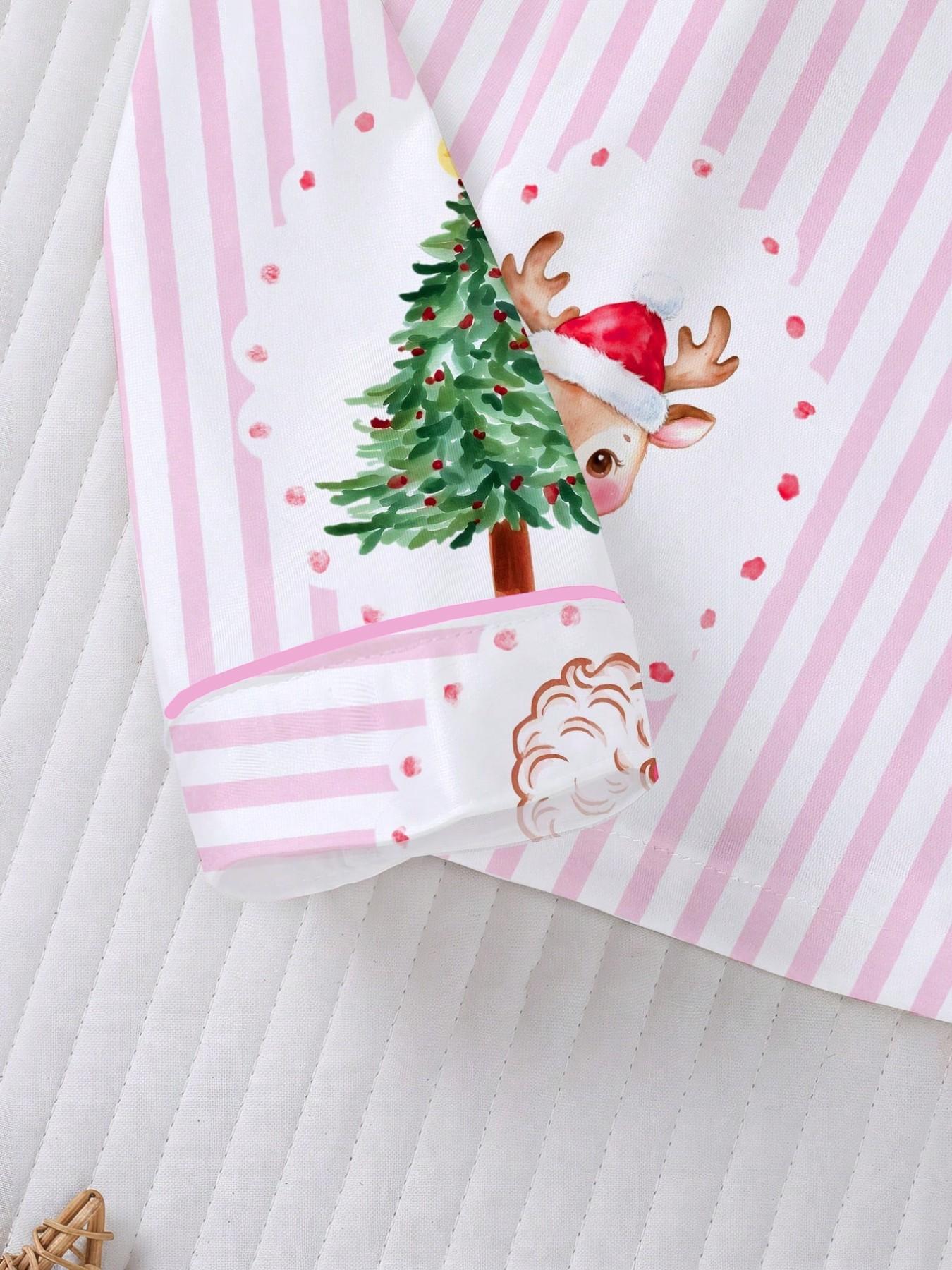 Christmas Pajamas, Striped Santa & Reindeer Print, Long Sleeve, Fitted, Soft & Breathable, Holiday Party Set