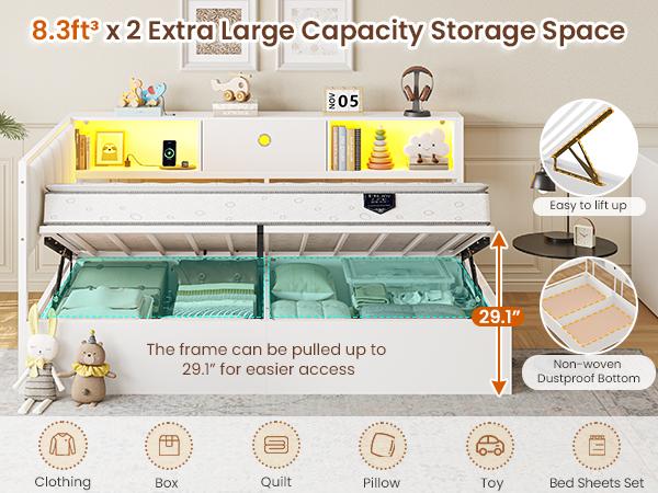Hasuit Corner Twin Lift Up Storage Bed Frame with Charging Station & LED Lights, Twin Day Bed with Upholstered Headboard and Bookcase, Corner Beds with Hydraulic for Kids Teens Guests