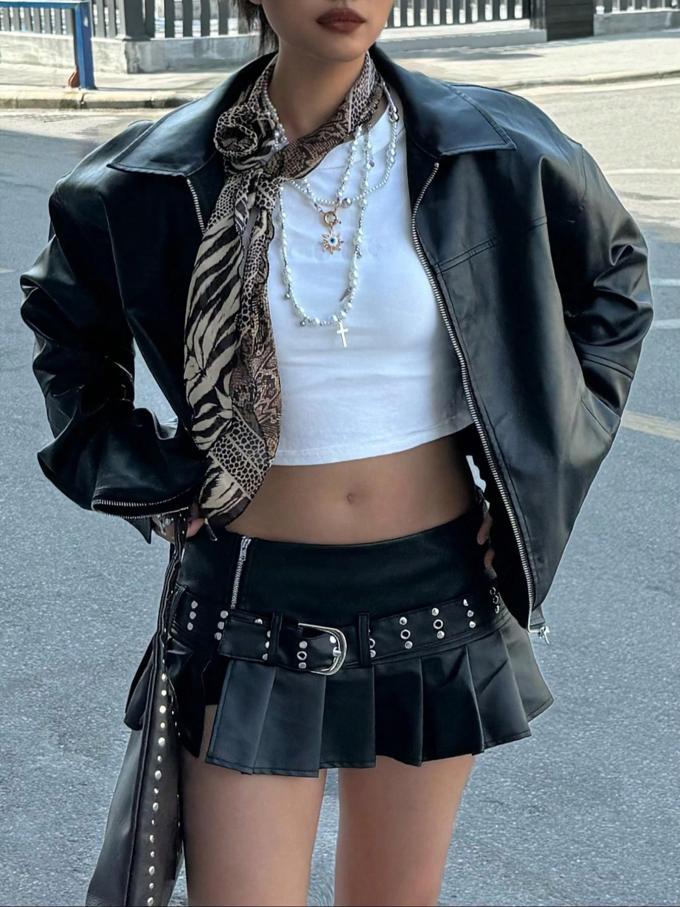 Women's Preppy Motorcycle Jacket, Casual Loose-Fit Long Sleeve PU Leather Jacket, Autumn/Winter Fashion Outerwear for Women, Coats