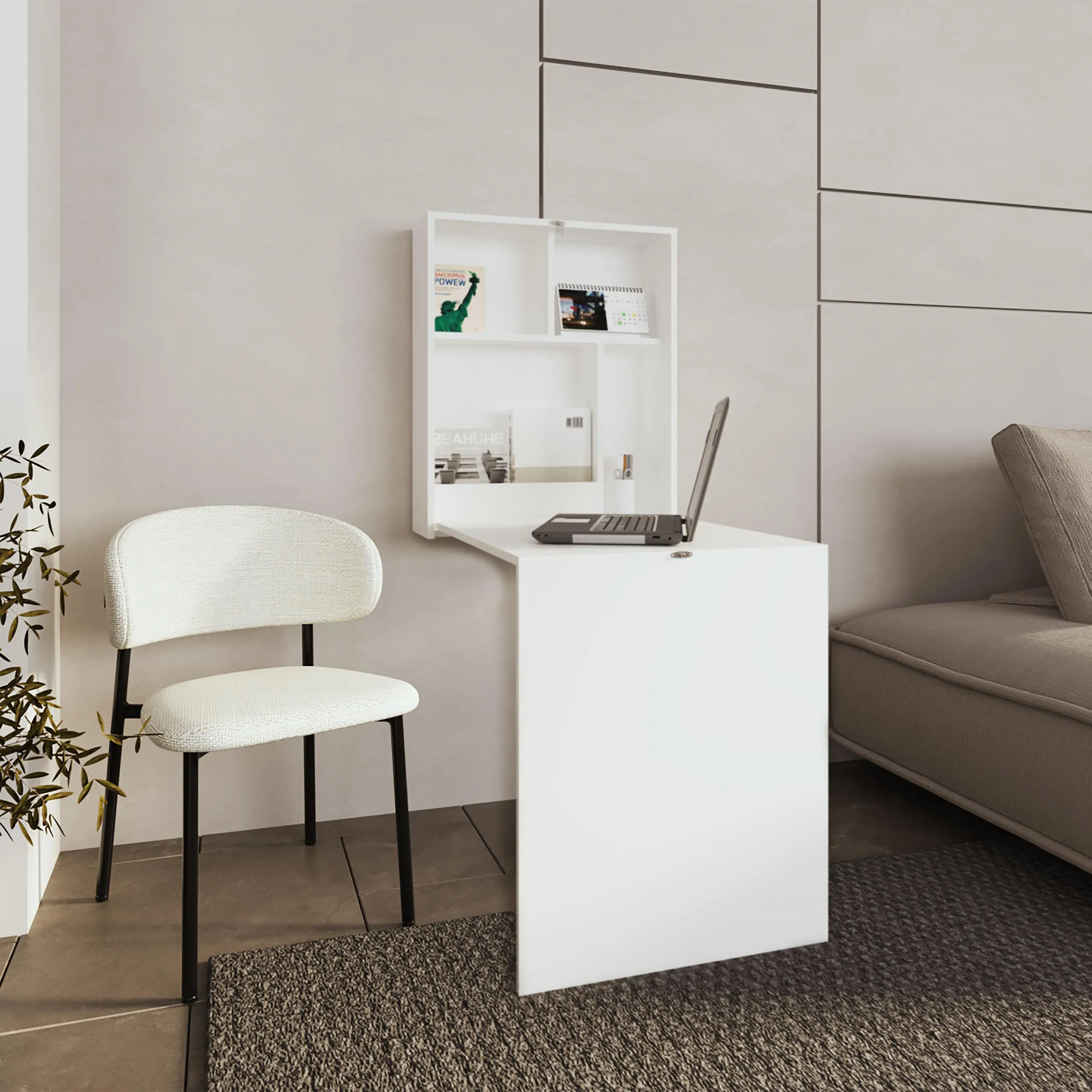 White Folding Table with 4 Shelves, Engineered Wood, 54.8 x 33.3 x 54.8 Inches, Living Room Storage and Display Table