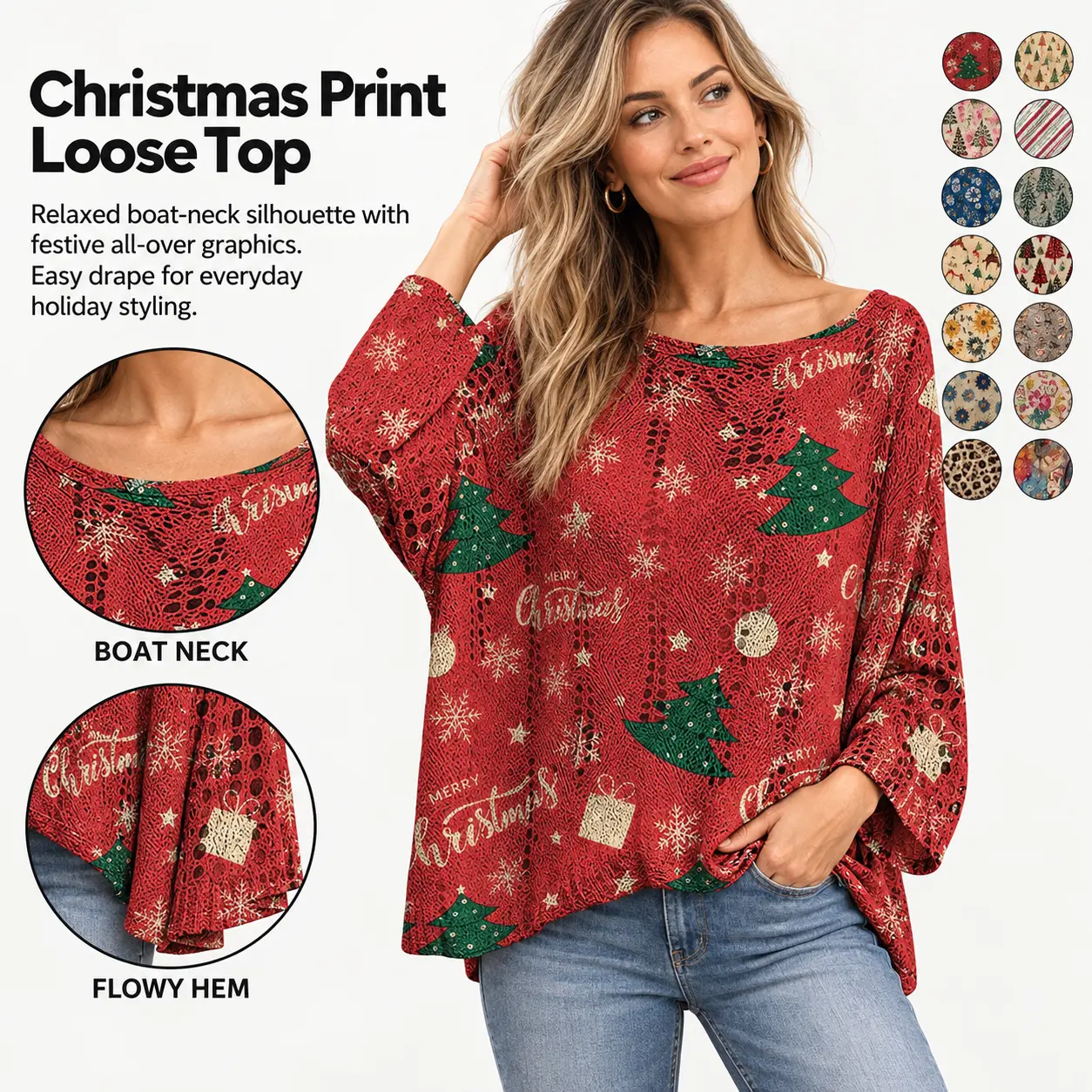 Hollow-out sweater with a loose fit, featuring a Christmas 3D print