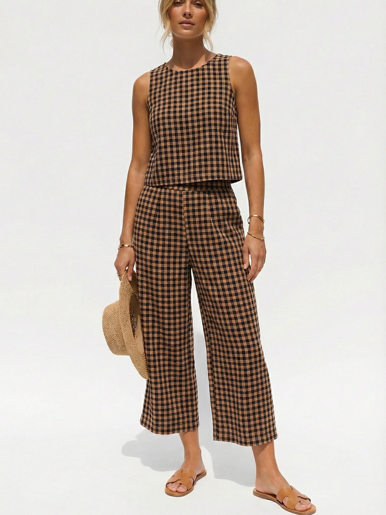 Women's Summer Plaid Vest Set, Elastic Waist Pocket Wide Leg Pants, Casual Comfortable Beach Vacation, Daily Wear, Casual Fashion Set