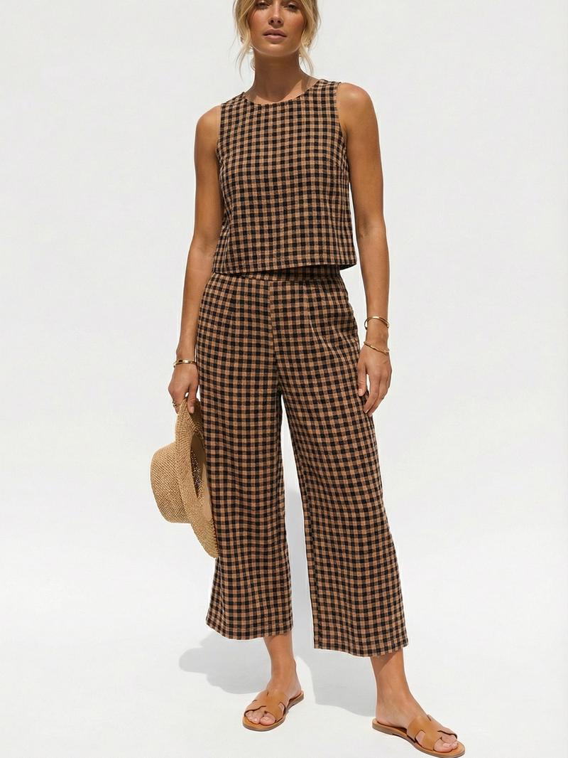 Women's Summer Plaid Vest Set, Elastic Waist Pocket Wide Leg Pants, Casual Comfortable Beach Vacation, Daily Wear, Casual Fashion Set