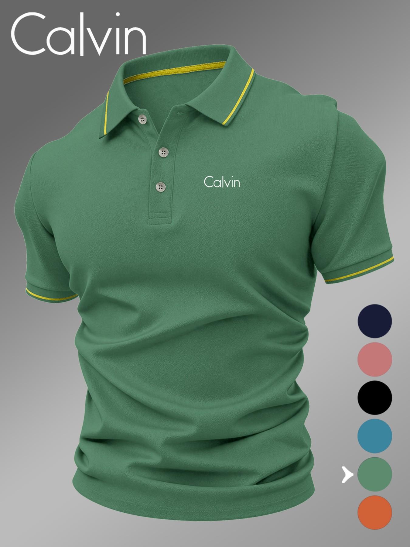 Lb5030 Classic Calvin Logo Print Men's Polo Shirt, Fitted Geometric Pattern, Casual Style, Breathable and Comfortable, All-Season Wear