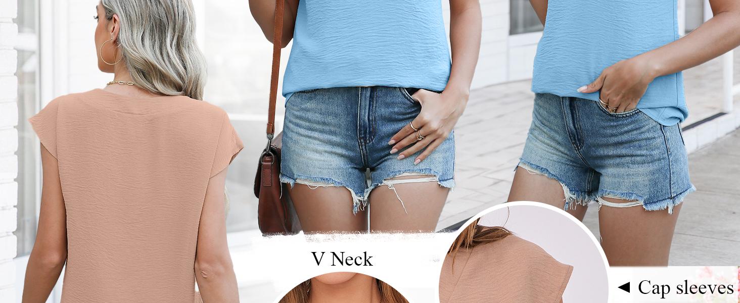 ANRABESS Women Tops Cap Sleeve Textured Dressy Casual V Neck Shirts 2026 Summer Business Work Blouses Outfits Comfort Tee