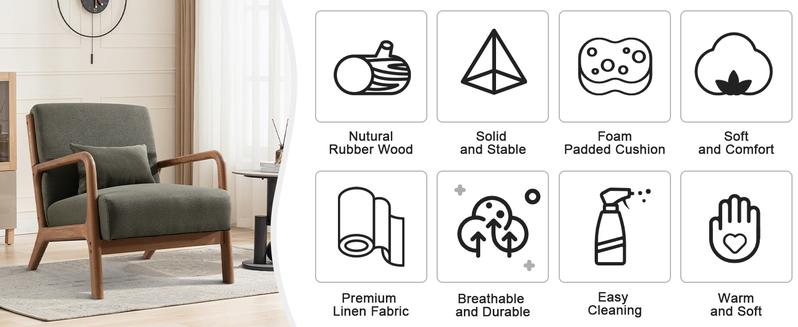 [TikTokShopBlackFriday]EBELLO Modern Accent Chair With Wooden Legs And One Pillow, Easy Assembly, ComfyFabric Living Room Chairs, Lounge Reading Armchair, Green