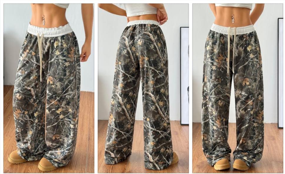 Spring Camo Pants Wide Leg Baggy Sweatpants Elastic Waist Drawstring Loose Pants Trendy Y2K Drawstring Trousers