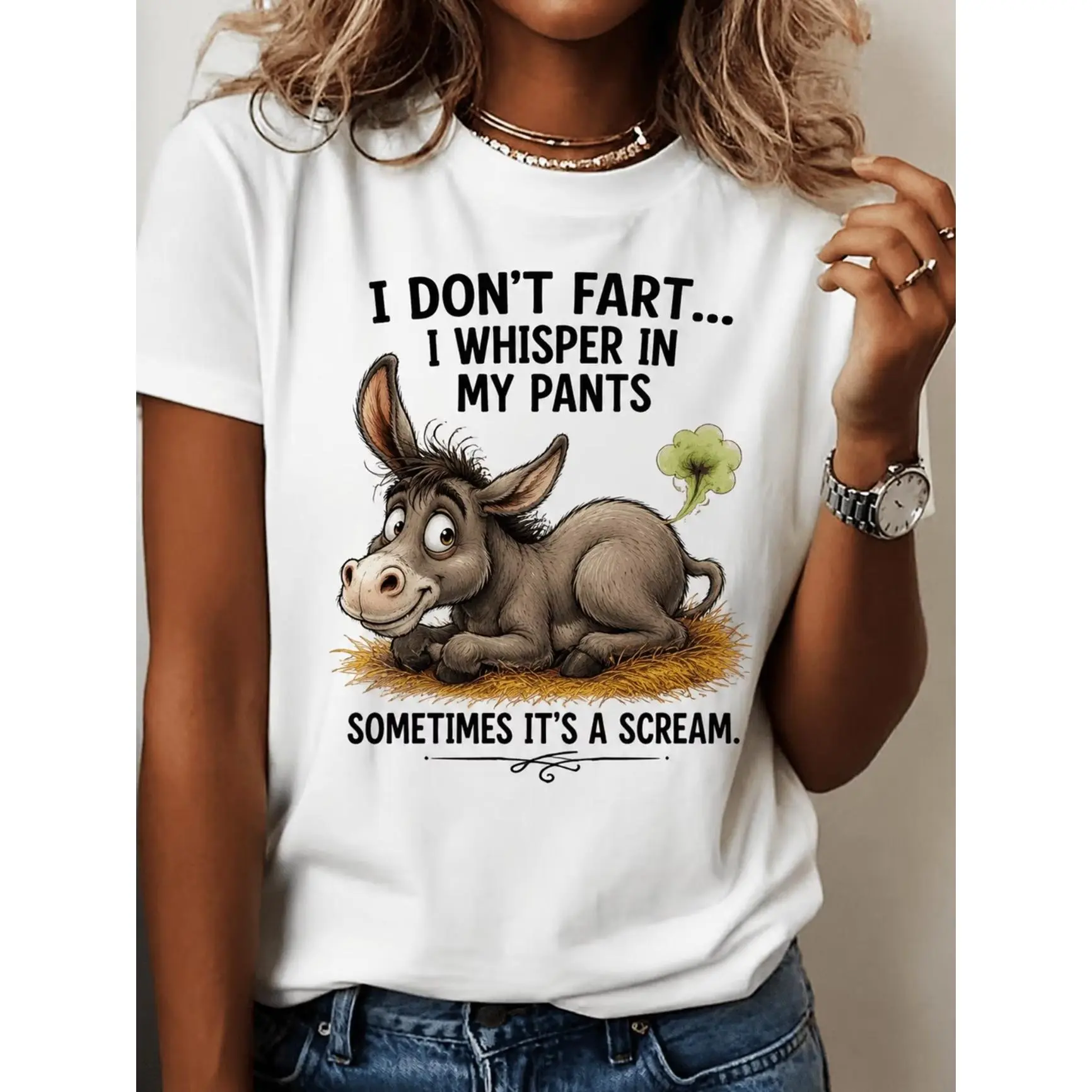 Funny Donkey Graphic T‑Shirt, Humorous Slogan Donkey Cartoon Printed Craft Tee, Soft Comfort 100% Cotton Short Sleeve Top, Cute Oversized Casual Outfit For Men Women Teens, Hilarious Animal Humor Tee, Ideal Valentine’s Day Gift, Perfect Present For Family