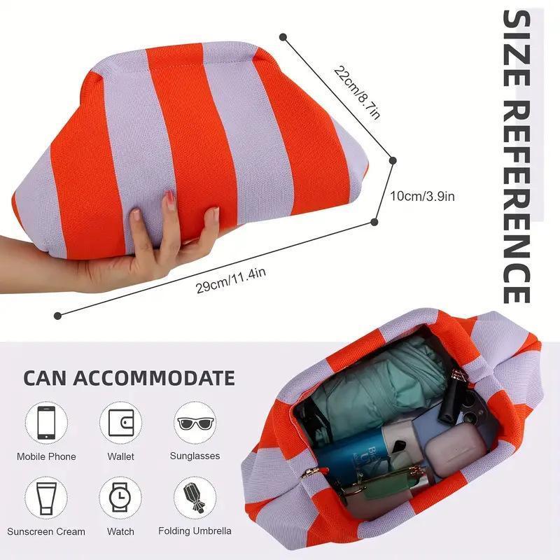 Women's Striped Woven Clutch Purse, Lightweight Compact Polyester Bag with Ruched Dumpling Design for Casual Wear, Stripes