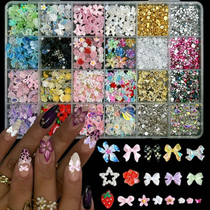 1Box Dopamine Colored Resin Flower Bow Nail Charms Semi-circular Rhinestones Pearl Mini Shell Feather Flakes Mixed Nail Decor DIY Elegant Rhinestone Decorated