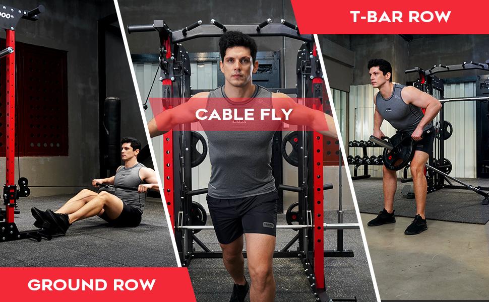 Pooboo Multi-Functional Machine Power Cage, 2000LB Squat Rack, LAT-Pull Down System, Dual Pulley Cable Crossover System, Home Gym Workout Machine with Strength Training Attachments