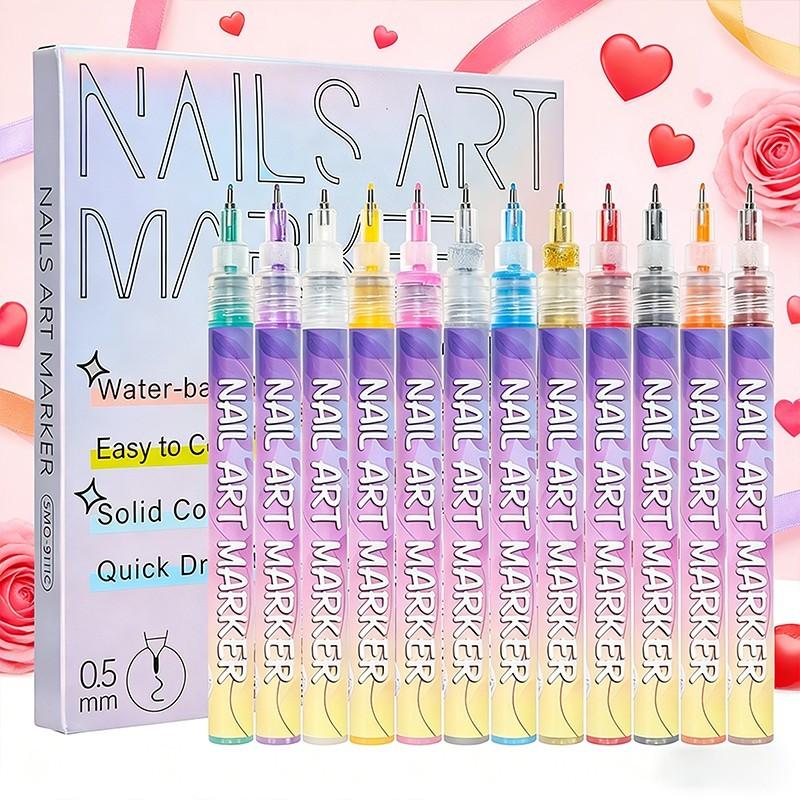 12-Color Nail Art Markers with Ultra-Fine Tips, Ideal for DIY Nail Designs, Creating Patterns & Flowers, Essential for Salons & Home Use