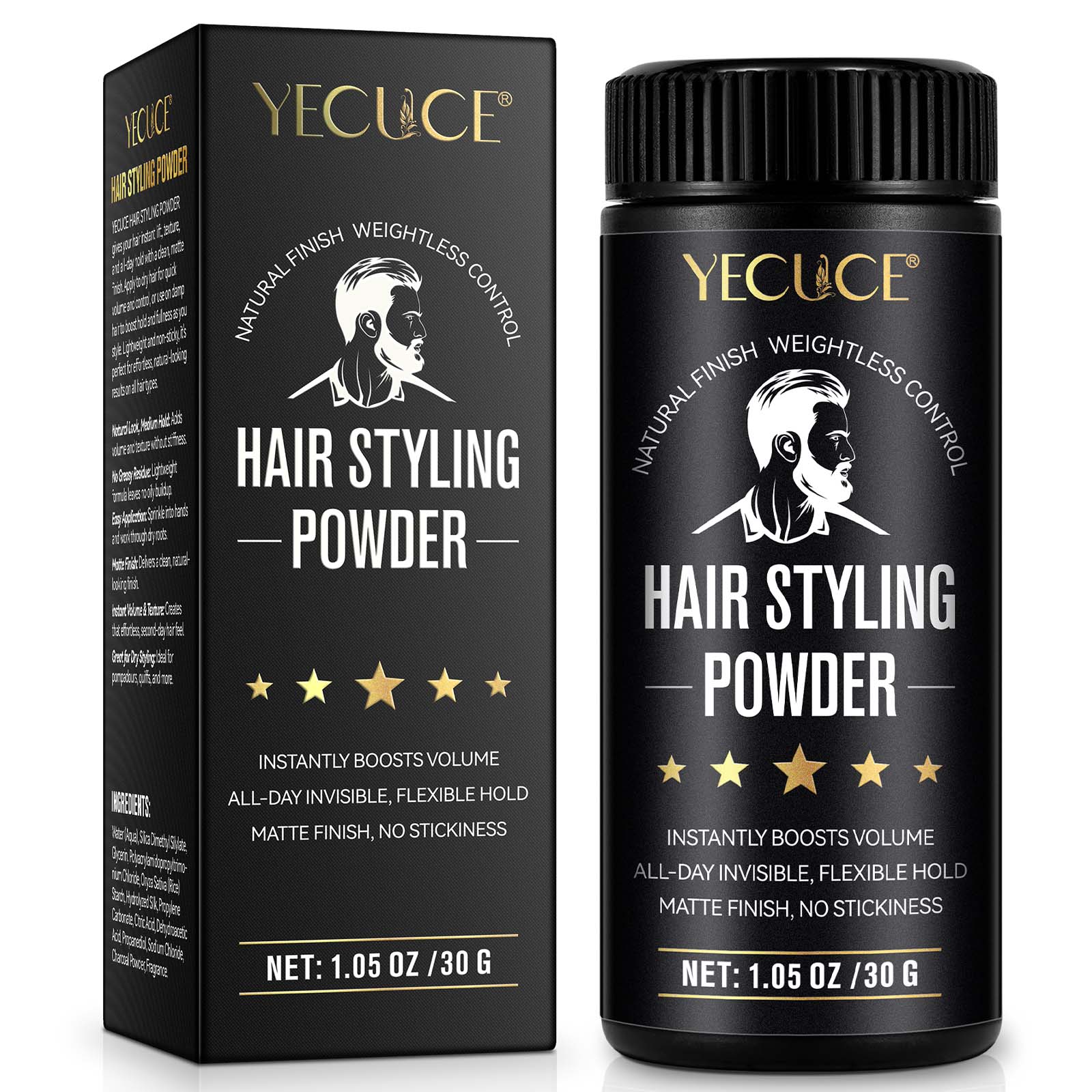 Yecuce Men's Hair Styling Powder 30g, Volumizing Powder, Matte Finish, Natural Look, Enhances Dry Hair Texture, Perfect for Pompadour Style