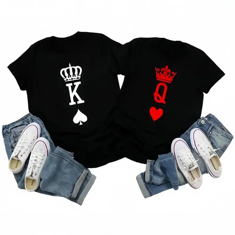 Couple's Smooth, Flat, Comfortable Short-Sleeve Sports Tops Set - King Spade, Queen Heart Crown Matching Casual Summer Clothes, Birthday Gift Idea