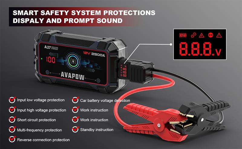 AVAPOW Jump Starter Car Battery 2500A Peak,Portable Jump Starters for Up to 8L Gas 8L Diesel Engine with Booster Function,Wireless Charging Design,12V Lithium Jump Pack with Smart Safety Clamp, IP65