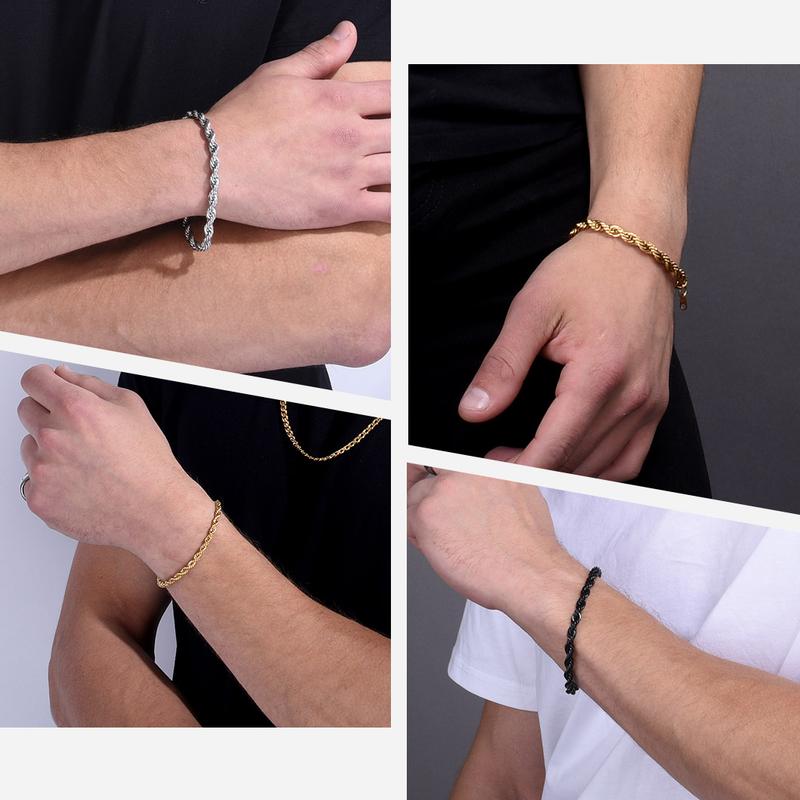 U7 Twisted Rope Chain Bracelet Cuban Chain Figaro Chain Daily Casual 3/6/9mm Bracelet for Men Women Stainless Steel Hypoallergenic Strong Link Braided Wrist Chain Bracelet