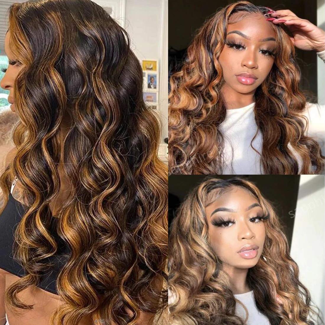 Ishow Brown Highlight Body Wave Bundles Brazilian Ombre Brown Bundles Human Hair Sew in Colored Quick Weave Bundles Human Hair with 4x4 Closure