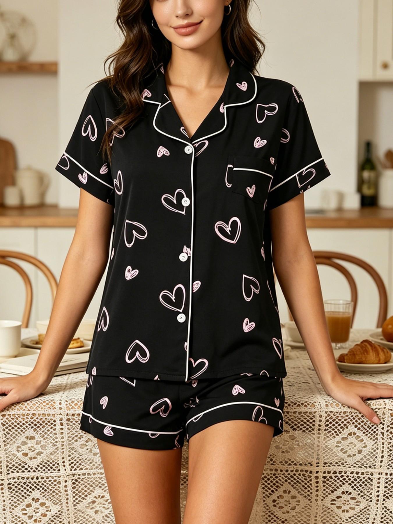 Women's 3-Piece Sleepwear Set, Short Sleeve Top & Shorts, Heart Butterfly Print, All-Seasons Casual Home Wear, Essential Daily, Loungewear Pjs Set