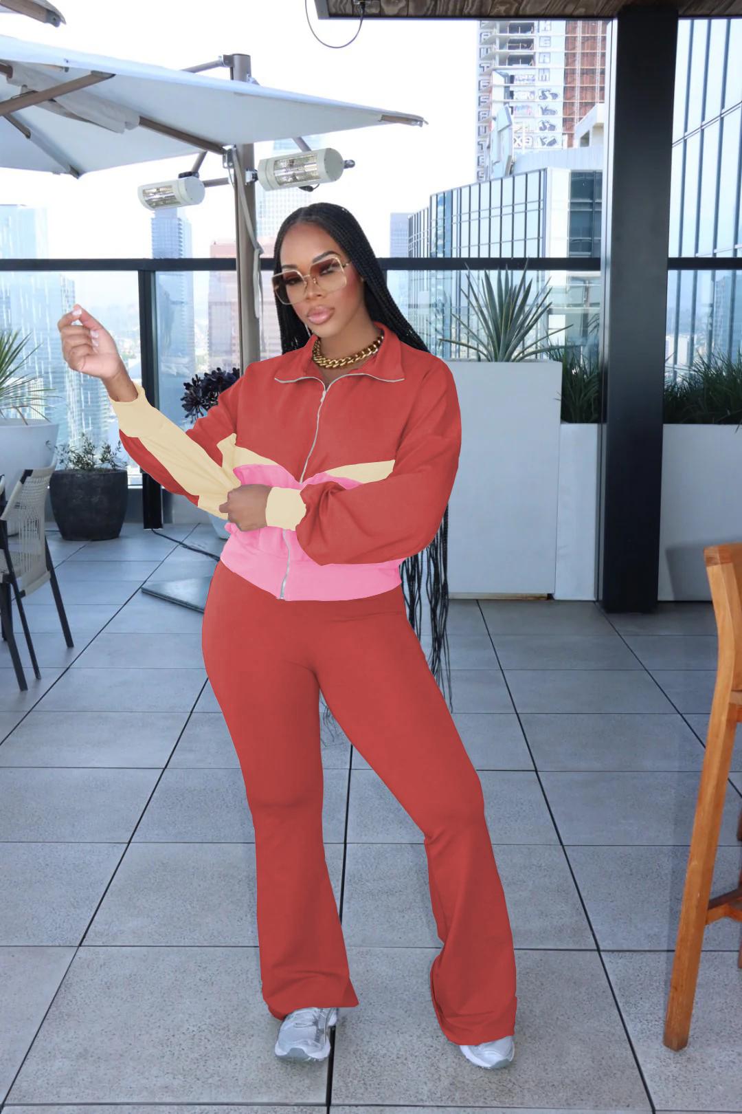 USBOUTIQUECHIC Chic Color-Contrast Zip-Front Top & Lounge Pants - Fashionable Casual Wear, Cozy Fall Matching Outfit 2-piece set woman - Clothes