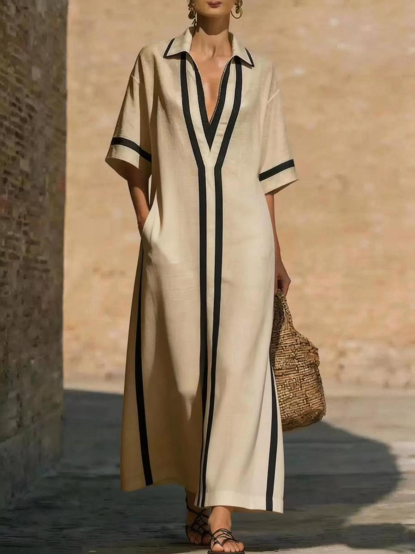 Women's New Kaftan with Pockets, Loose-Fit Striped Print Long Dress, Half Sleeve & Deep V Neck Design, Casual Boho Chic Summer Dress, Bohemian Casual Fashion for Beach and Vacation, Boho Style Dress