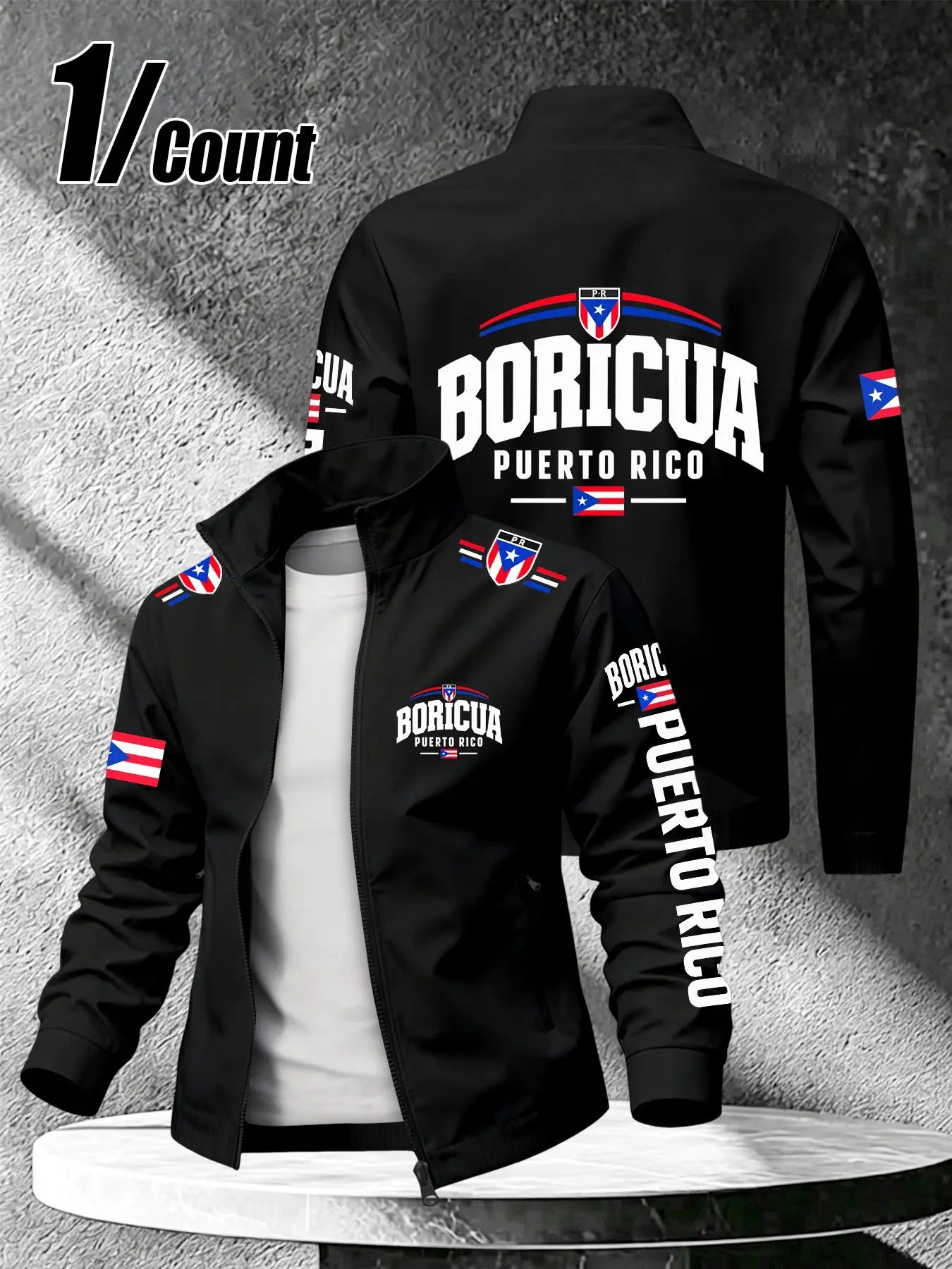 Hot Selling Men's Puerto Rico Boricua Printed Stand Collar Zip Long Sleeve Jacket, Patriotic Graphic Casual Outerwear For Daily Street Look #PuertoRico #Boricua #BoricuaPride #MensJacket #MensOuterwear #StreetFashion #PuertoRicoStyle #OOTD