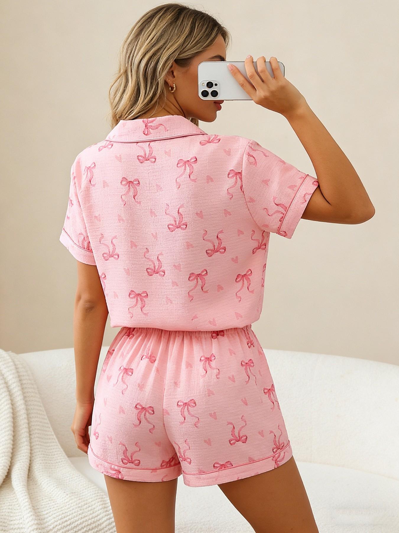 Women's Short Sleeve Button Down Top and Shorts Pajama Set, Spring Summer Wear, For French Gentle Style Girls, Soft Pink With Bow & Heart Print, Classic Lapel Collar, Loose Fit, Comfortable For Home, Afternoon Tea & Short Trips