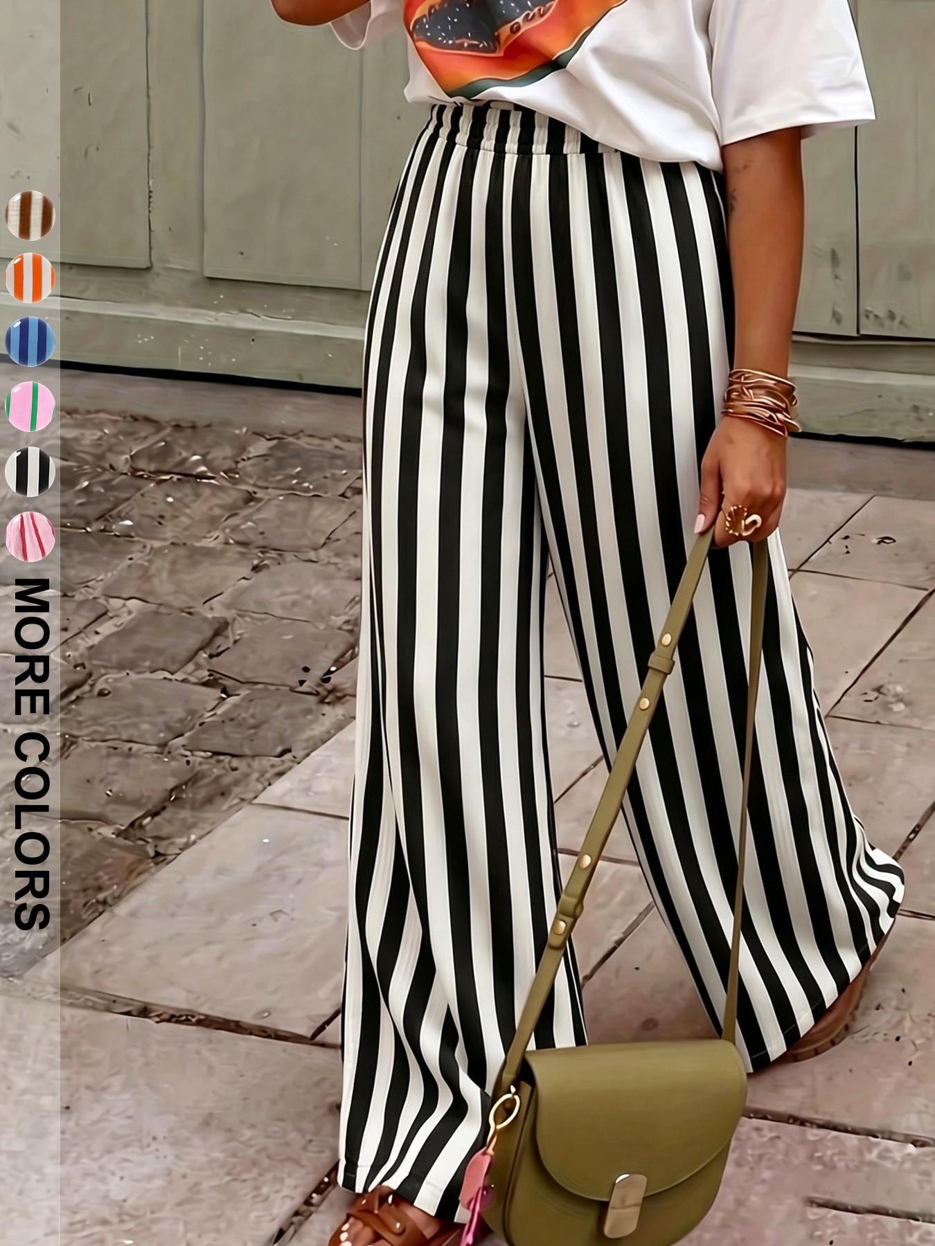 Women's Summer Long Pants Trouser, Breathable Striped Wide Leg, Multiple Colors Available, Elegant Loose-Fitting Style
