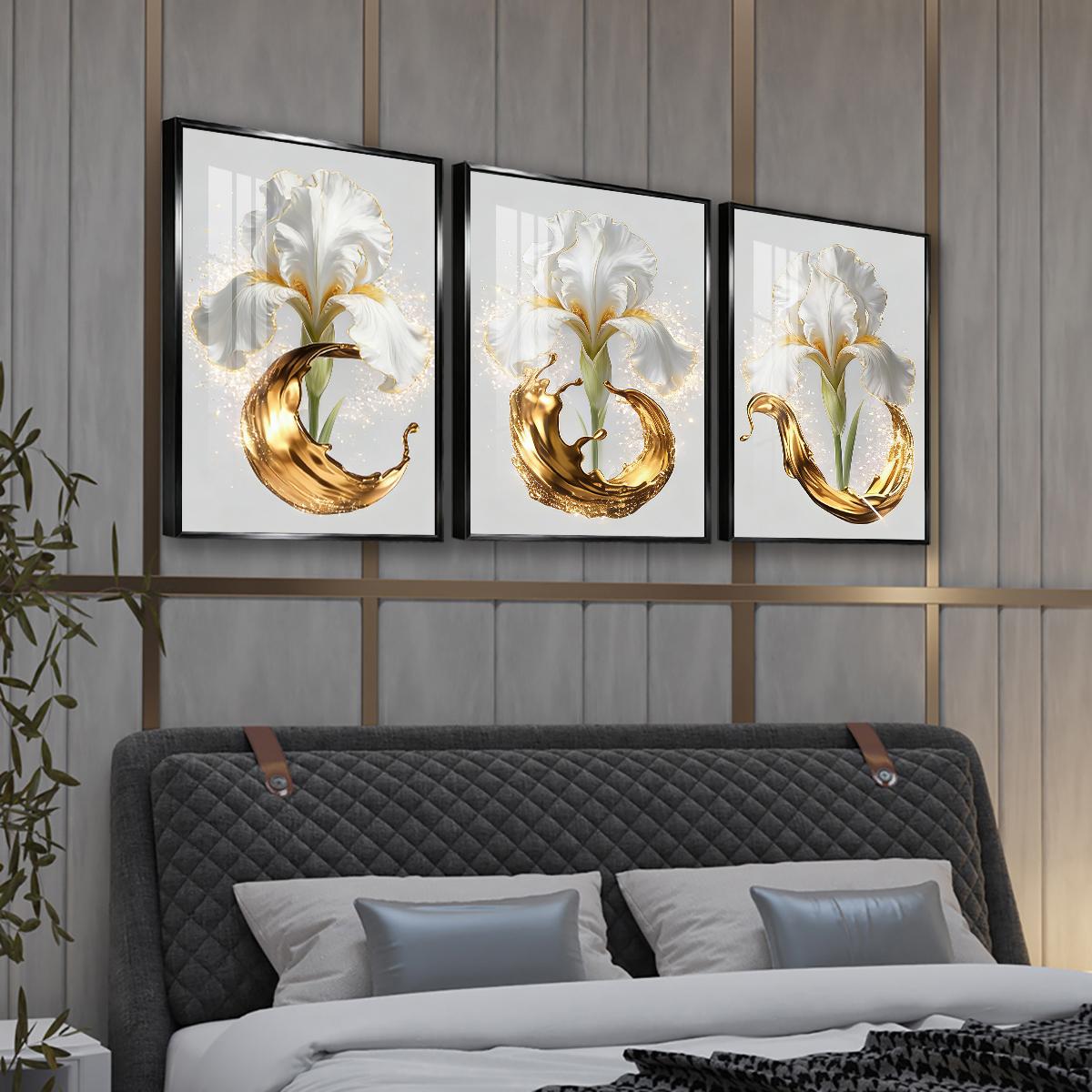 3 Counts Aluminum Alloy Framed Painting, Elegant White Iris And Golden Splash Art Pictures, Home Decoration For Living Room, Bedroom, Office, Restaurant, Hallway Wall Decor, Odorless Print Artwork, Luxury Perfect Gift For Friends And Family