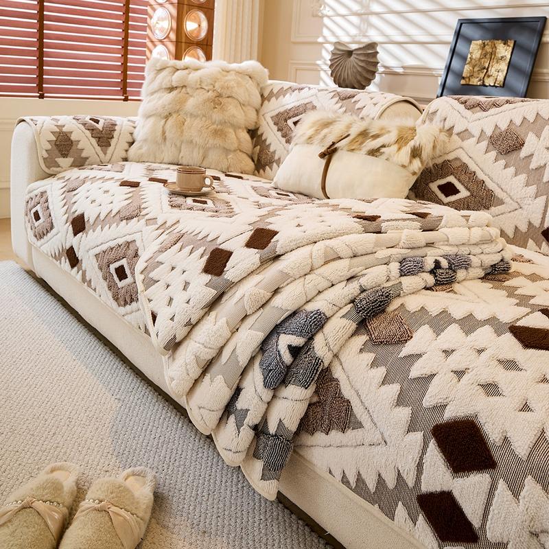 Plush Anti-Slip Dustproof Cat Scratch Sofa Cushion Cover, Reusable All-Purpose Winter Mat, Warm Plaid Design, Sofa Couch Protector, Home Decor, Sofa Slipcover