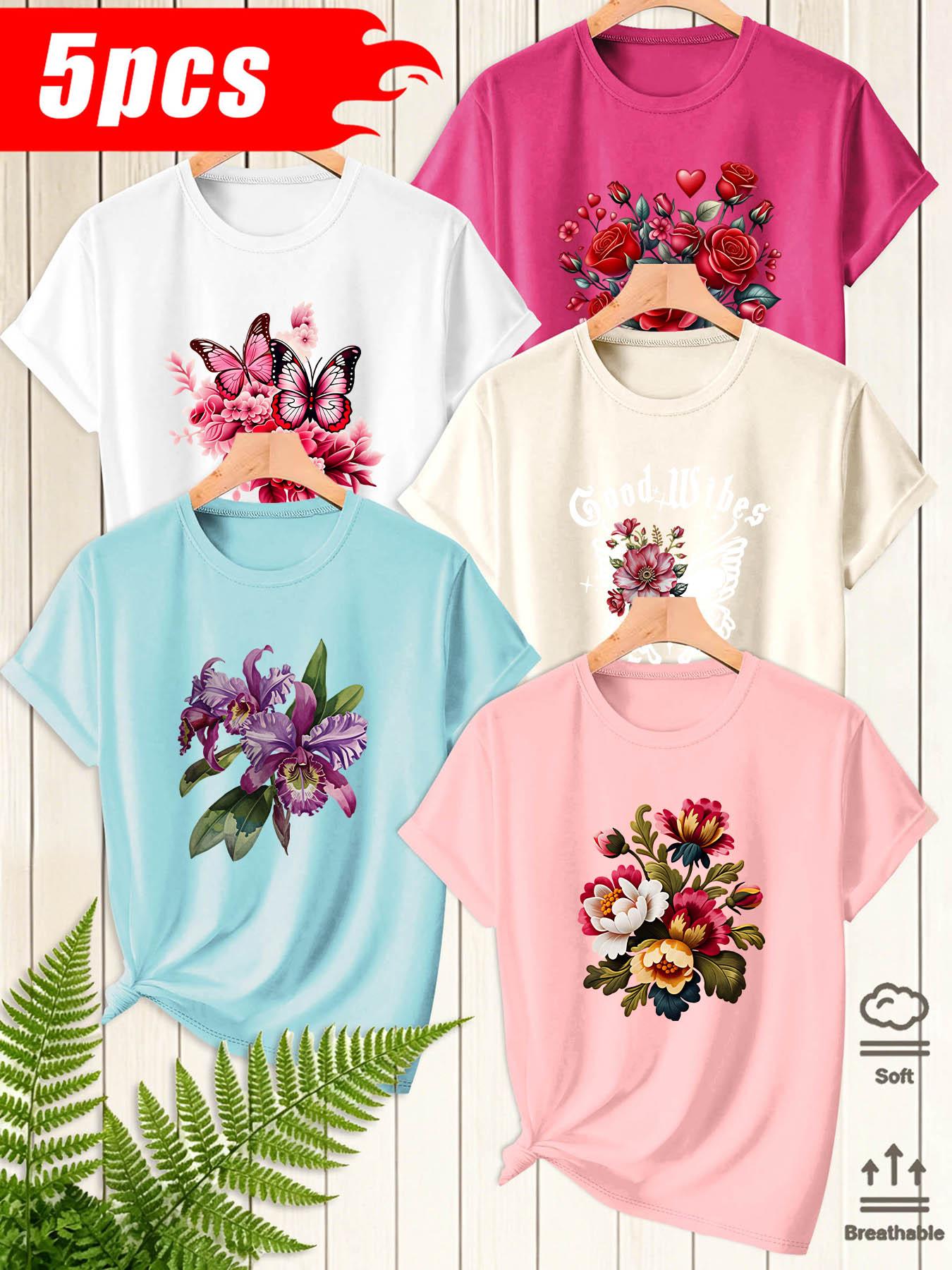 5Pcs Women Crew Neck T‑Shirts, Flower & Butterfly Art Printed Patterns, Multiple Colors Available, Machine Washable Spring Summer Tops, Soft Skin‑Friendly Fabric, Daily Versatile Wear, Fashion Design Short Sleeve Tees