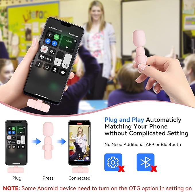 Wireless Lav Microphone for iPhone, iPad, Android, Camera, Mini Microphone, 7-Hour Battery, High Definition Sound Quality for Interview, Video Podcast, Vlog (Pink)