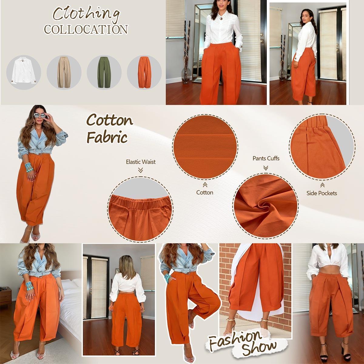 Women's Minimalist Basic Baggy Cotton Lantern Pants - Breathable Soft Comfortable Fabric, Elastic Waistband, Pockets, Casual Summer Women's Clothes Bottoms, Machine Washable Clothes, Women's Fashion