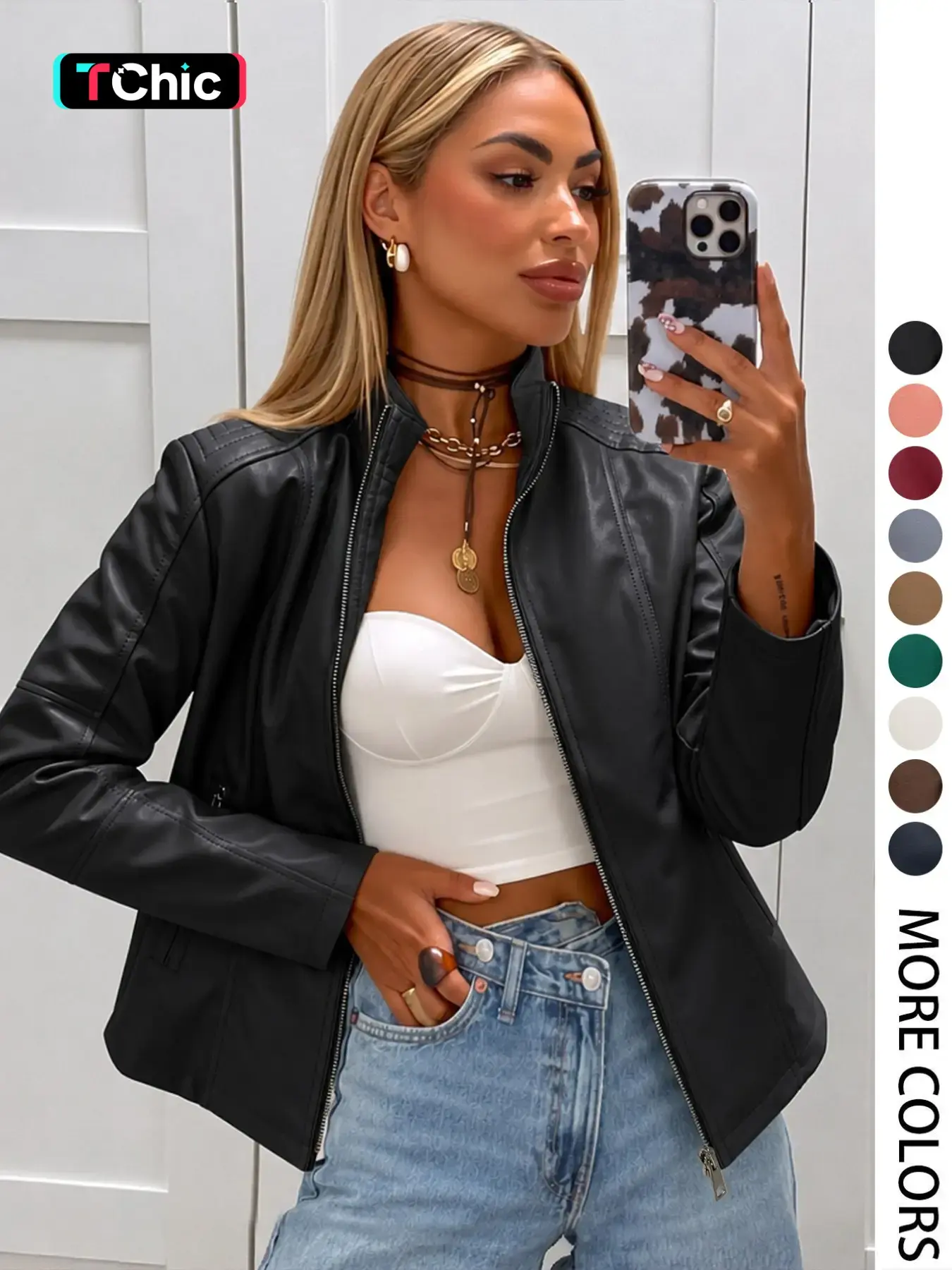 Giolshon Women's PU Motorcycle Jacket, Casual Fitted Short Coat with Zipper Pockets, All Seasons Everyday Windbreaker for Street Style Streetwear