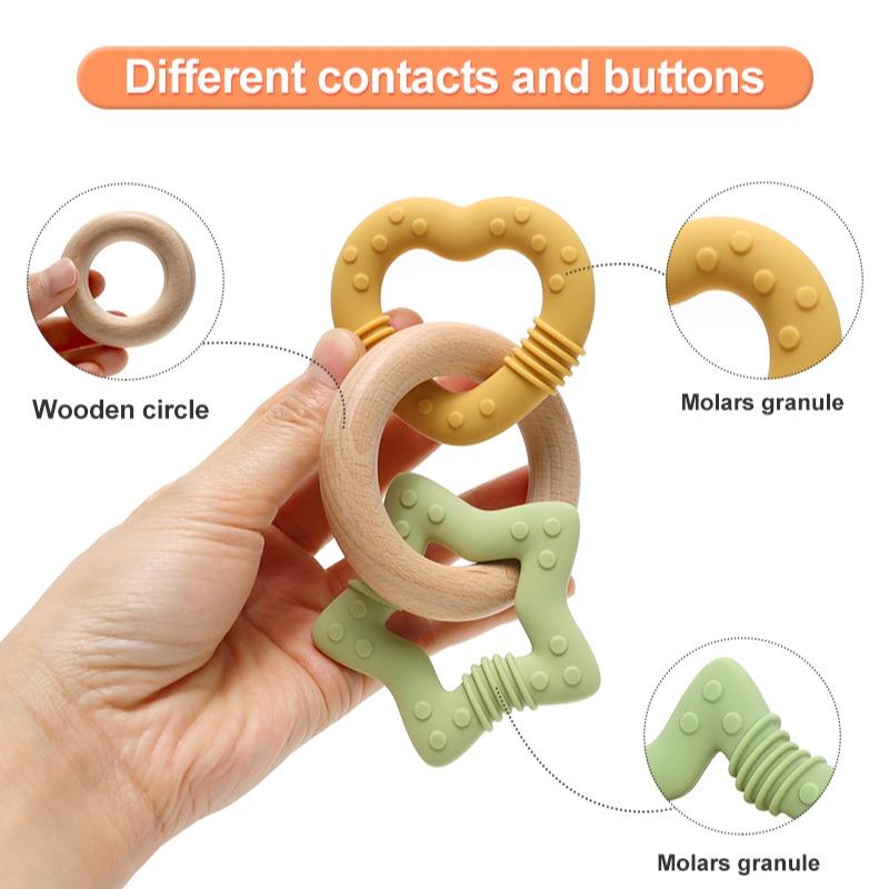 Baby Silicone Wooden Teething Toy, Heart Star Multi Texture Chewable, Infant Soothing Teether, Anti-Sucking Educational Rattle Gift