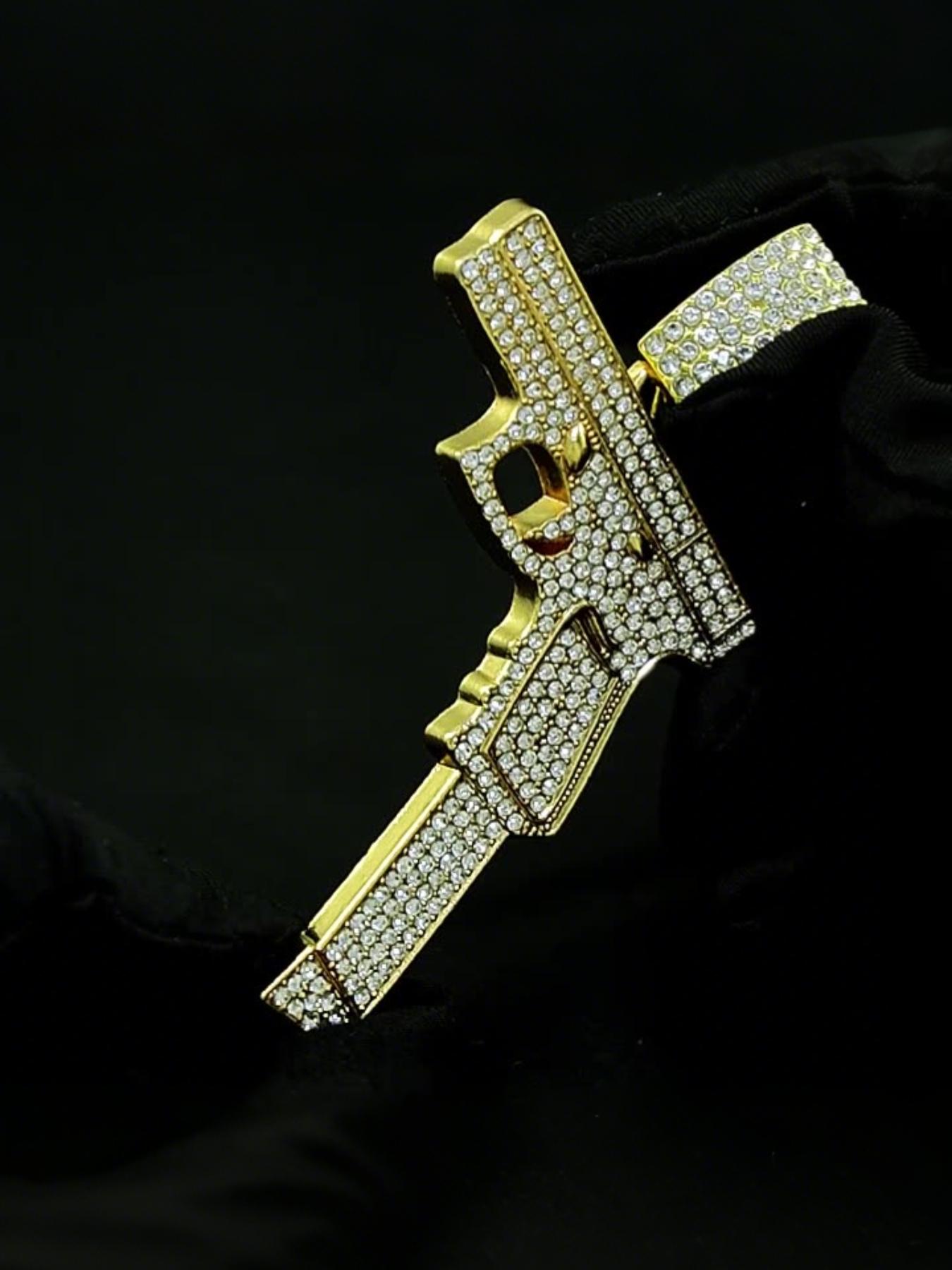 Hip Hop Gun Shape Zircon Pendant Necklace, Alloy Cuban Link Chain Street Style Art Culture Jewelry, Unisex Hipster Fashion Accessory