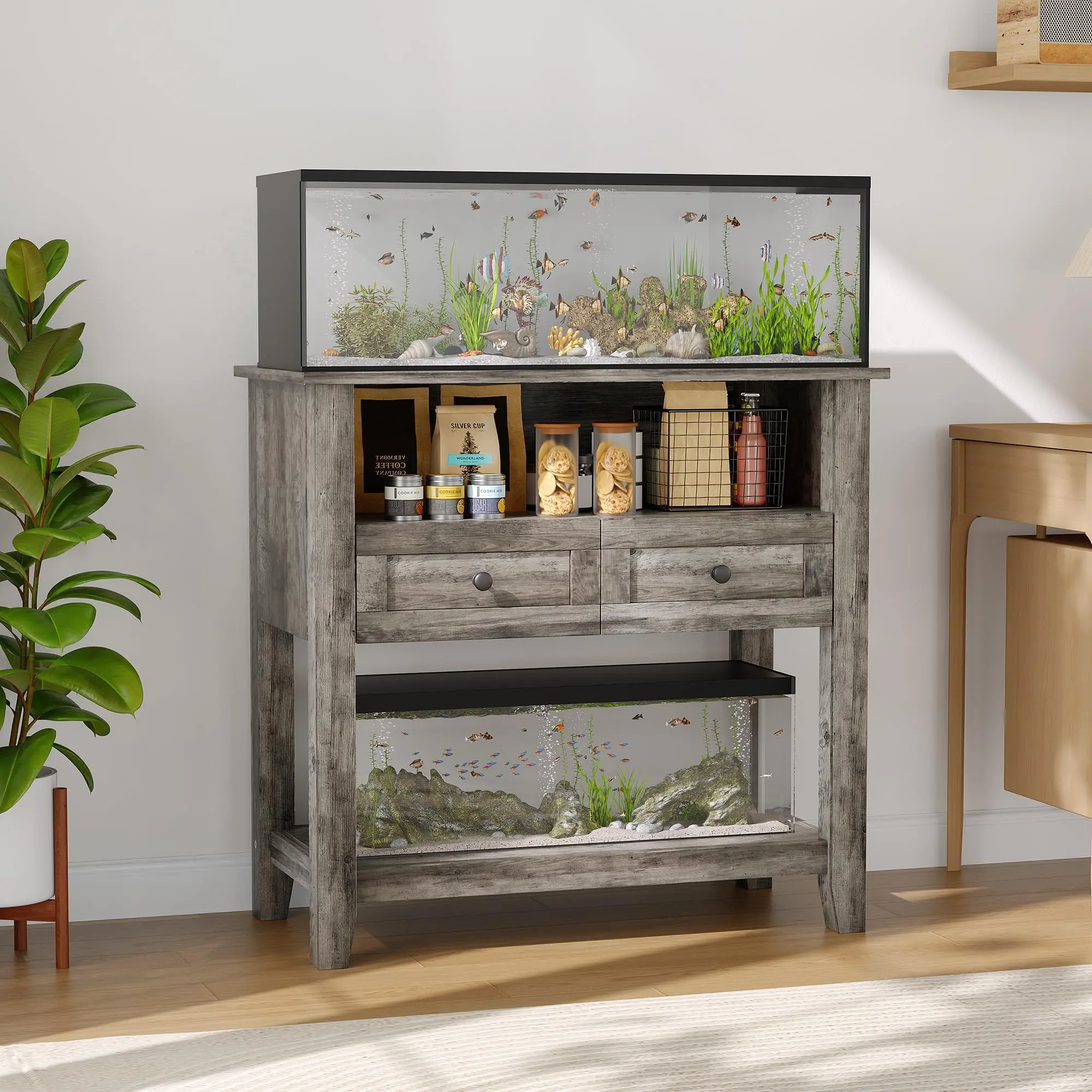 Heavy Duty Aquarium Stand for 20-29 Gallon Tanks – Integrated Charging Station, Drawers & Open Storage, Supports Up to 660LBS – Ideal for Modern Living Room Furniture Sets