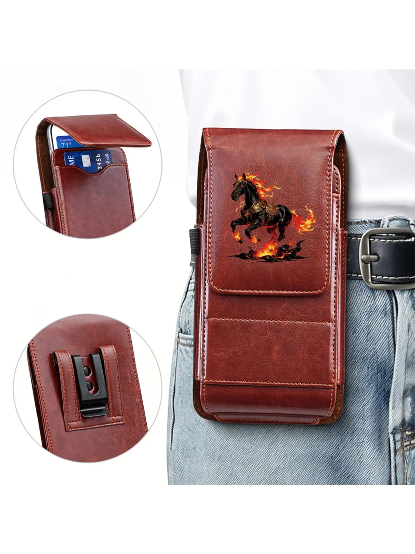 Men's mobile phone storage waist bag, decorated with a burning horse pattern, outdoor mobile phone storage bag with card slot, fashionable and trendy style, suitable as a birthday gift/Halloween gift/Christmas gift