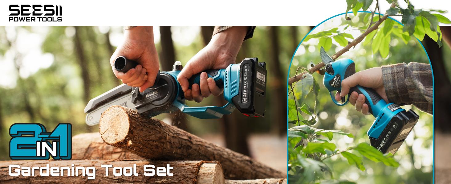 SEESII Mini Chainsaw & Pruning Shears: 6" Electric Saw Brushless & 1.3" Pruner with 2×2.0Ah Batteries, Cordless Combo for Wood Cutting/Branch Trimming, Gardening Tools for Dad Men Husband SP600 #TikTokShopBlackFriday