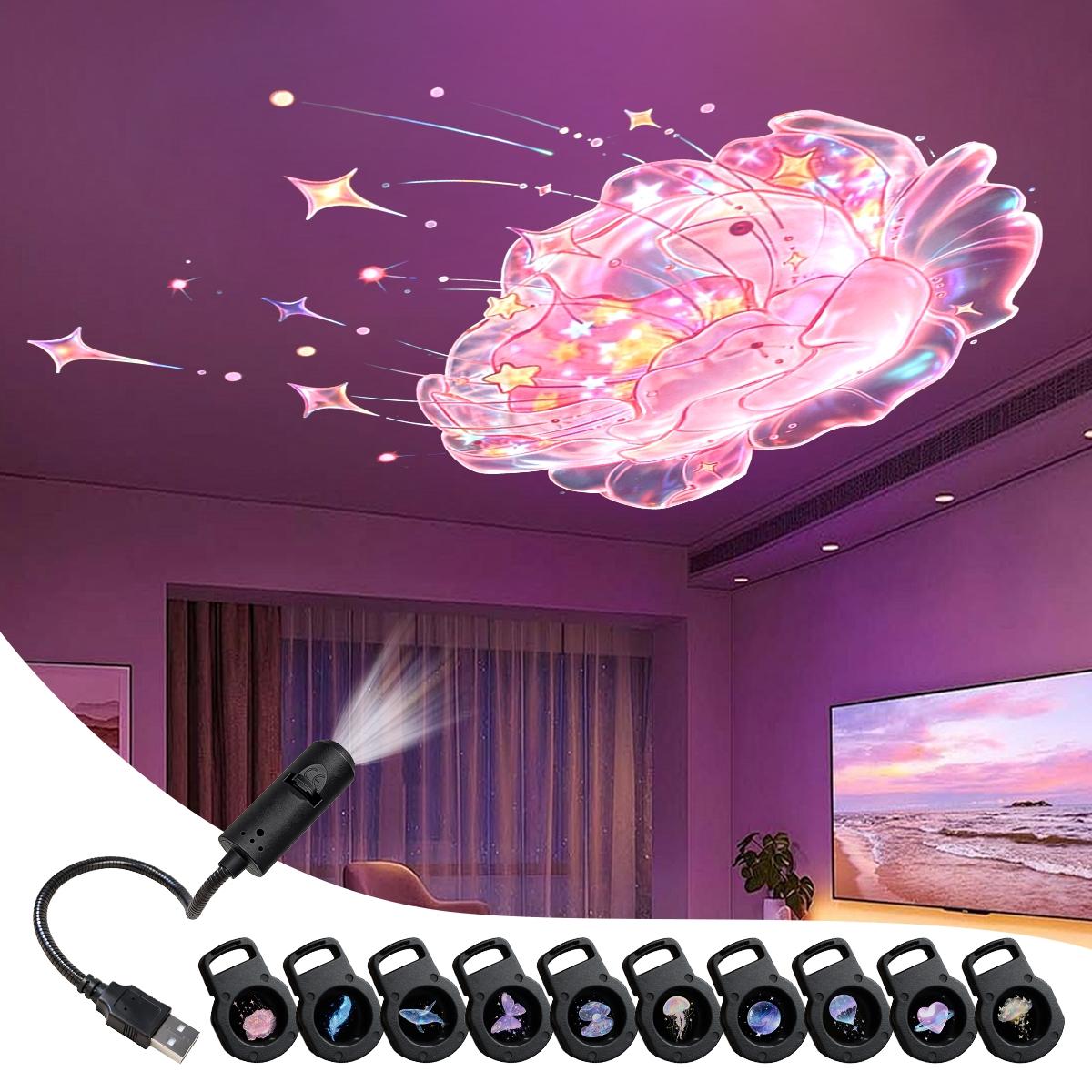 USB LED Projector Light, Aurora Projector Lamp with 3/6/10pcs Patterns, LED Dream Projector Lamp Rose, Whale, Butterfly, Cloud Projection - USB Projector Night Light for Wall/Ceiling Decoration, Bedside Night Light, Birthday Gift