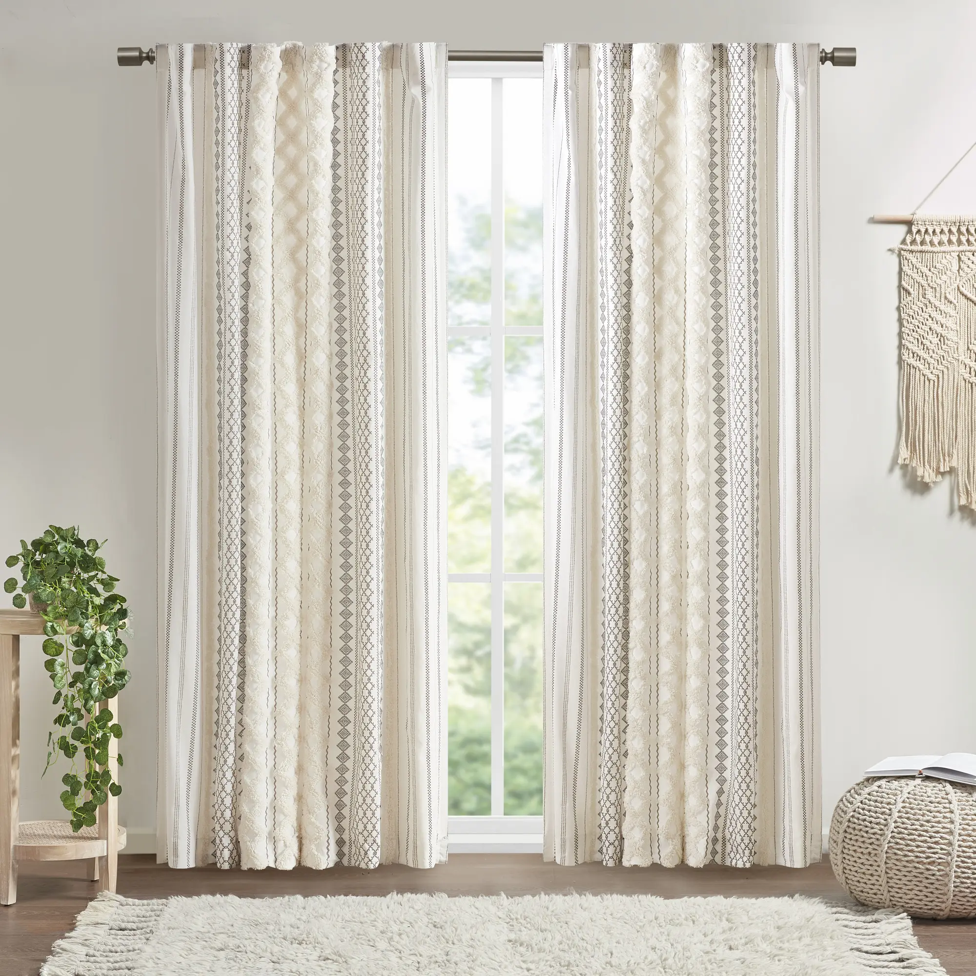 Nokaa Light Filtering Curtains - 50x108 Inch Cotton Printed Single Panel, Chenille Stripe, Lined, Ivory, Rod Pocket & Back Tab, Oeko-Tex Certified for Living Room, Bedroom